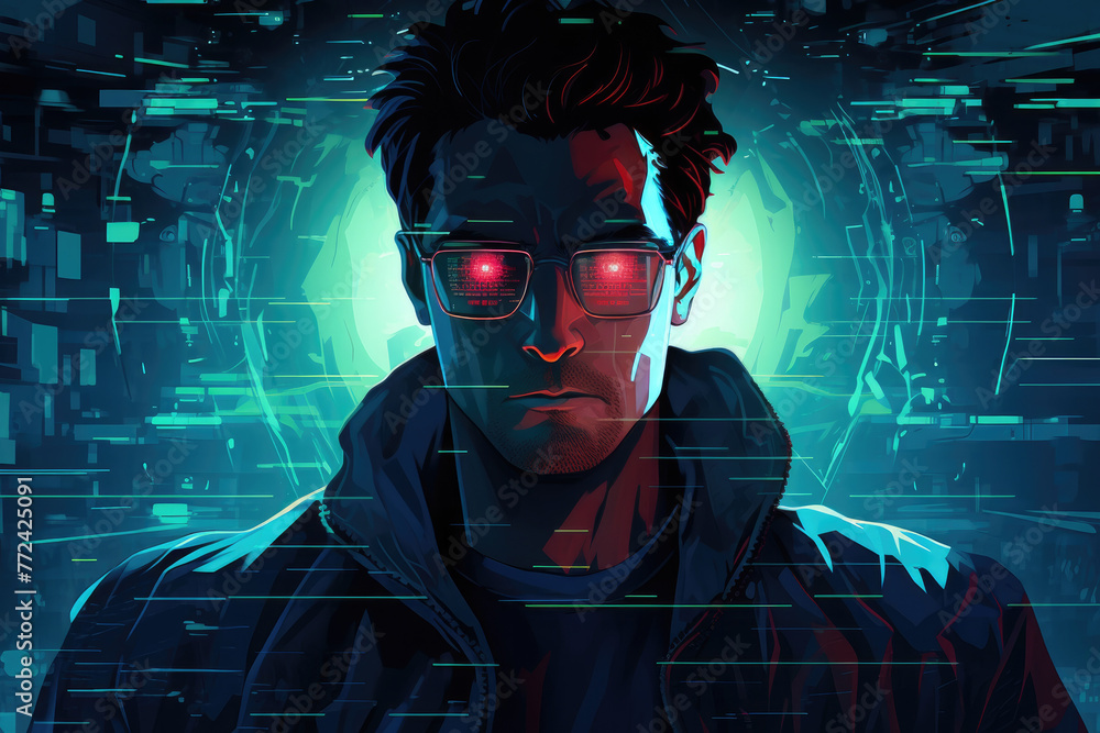 A man with red eyes and glasses is staring at the camera. The image has a futuristic and dystopian feel to it A man with red eyes and glasses is staring at the camera. The image has a futuristic and dystopian feel to it
