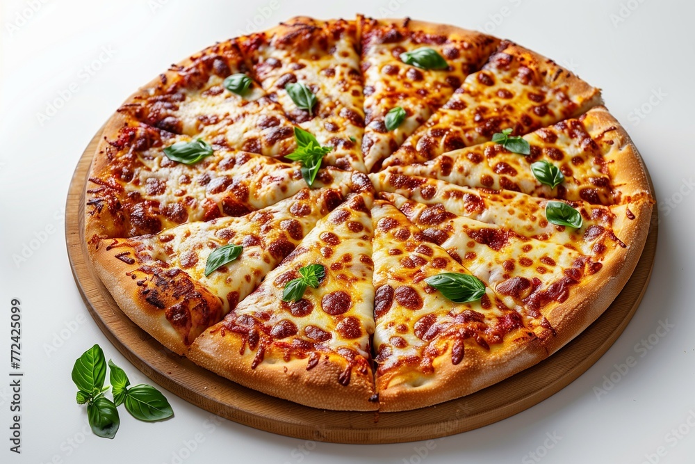 Sliced vegetarian pizza with cheese on a wooden plate against white background.