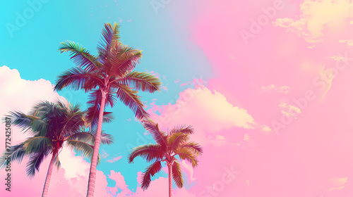 Tropical palm trees silhouette against a dreamy pastel sky with whimsical clouds and a vibrant cyan and magenta hue