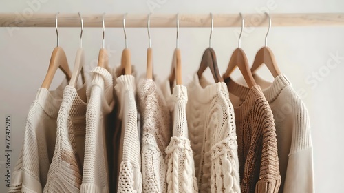Spring capsule clothes of beige color palette on a rack over wwhite background closeup photo