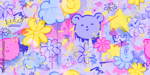Cute, kawaii seamless pattern with flowers, cat, bear, clouds, brush strokes, splatters. Hand painted graffiti style.