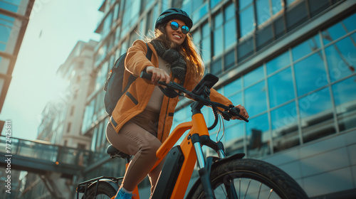 Happy Woman Cyclist in Urban Background