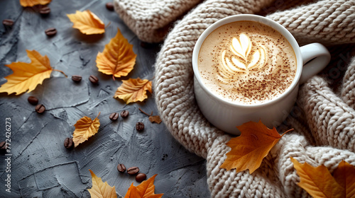 Cup of coffee with warm scarf and autumn leaves on grey background