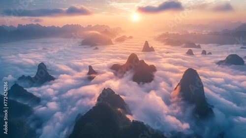 Sunrise over the clouds with karst formation mountains in Guilin photo