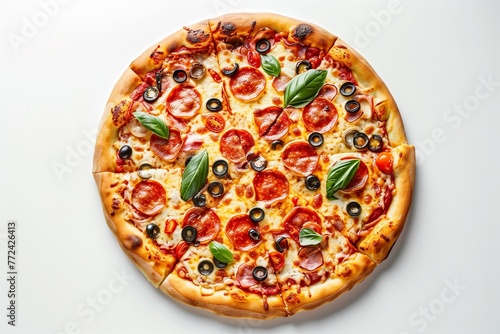 Sliced pizza with salami, tomatoes and olives on a wooden plate against white background.