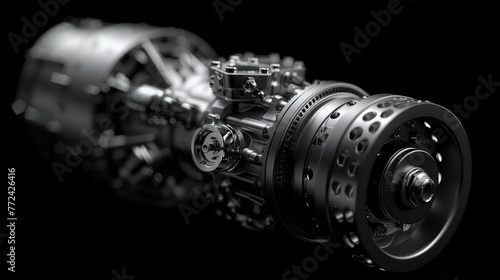A meticulously detailed car engine stands out on a black background, showcasing mechanical complexity and automotive power