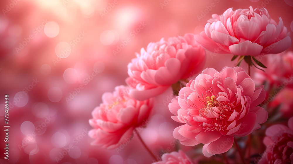 Beautiful pink peony flowers on bokeh light background.