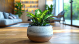 Houseplant in a ceramic pot on the wooden floor. 