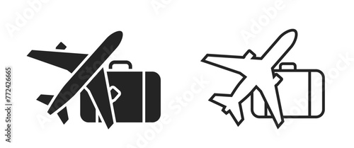 air travel flat and line icons. plane and luggage. vacation and journey symbols. isolated vector images for tourism design