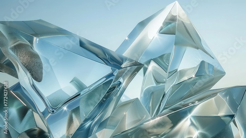 Abstract, glass-like structure with a crystalline appearance.abstract background of crystal refractions  , Realistic diamond crystal with caustic close up texture background 3D rendering
 photo