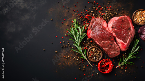 Heart shape raw fresh meat steak on dark surface, top view