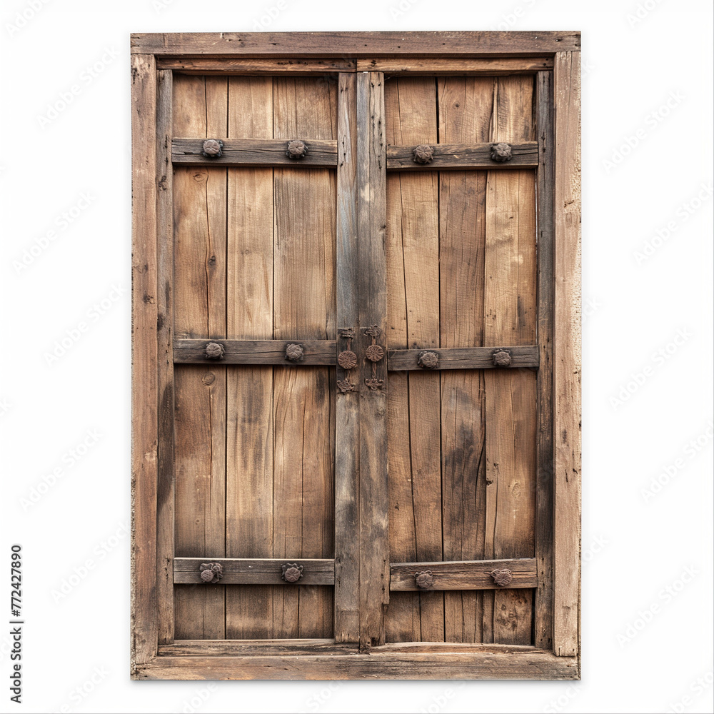 An antique wooden window frame stands against a pristine white background An antique wooden window frame stands against a pristine white background