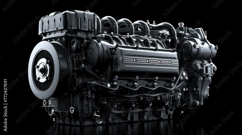 Fototapeta premium A 3D rendered image of a modern, detailed car engine shown in a sleek black backdrop to highlight its design and complexity