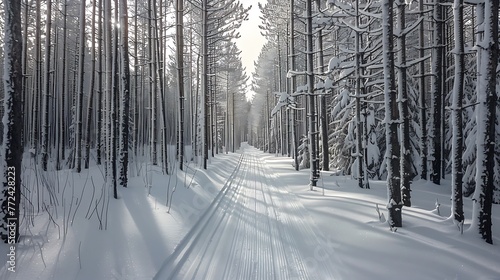 The ski trail runs through a young pine forest photo
