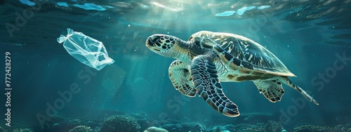 A solitary turtle in the ocean depths with plastic bag, symbol of the pervasive plastic pollution threatening marine life