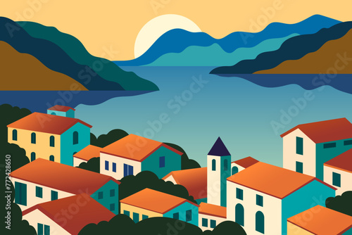Mediterranean village by the sea. A beautiful fishing village on the seashore. Tourist town with old houses and clay roof against sunset background. Rest and vacation.