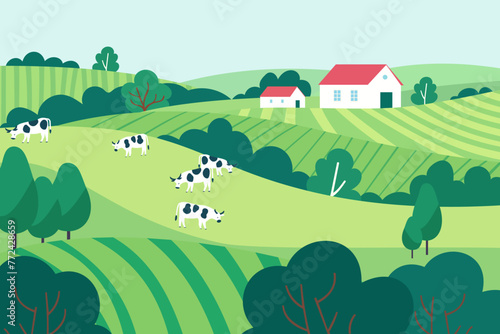 Country landscape with cows grazing on green meadows. Green pastures with agricultural fields  trees  shrubs and rural houses.