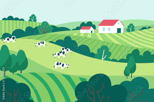 Country landscape with cows grazing on green meadows. Green pastures with agricultural fields, trees, shrubs and rural houses.