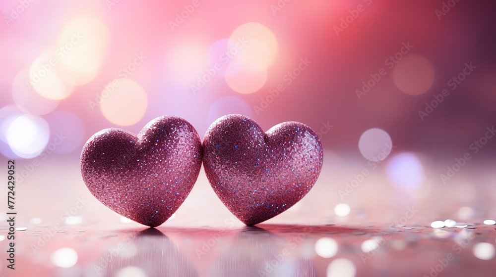 Two Hearts On Pink Glitter In Shiny Background Valentines Day Concept