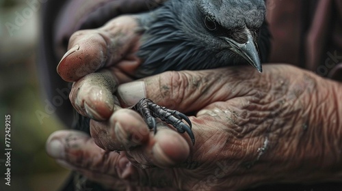A close-up of a person's hand holding a bird.