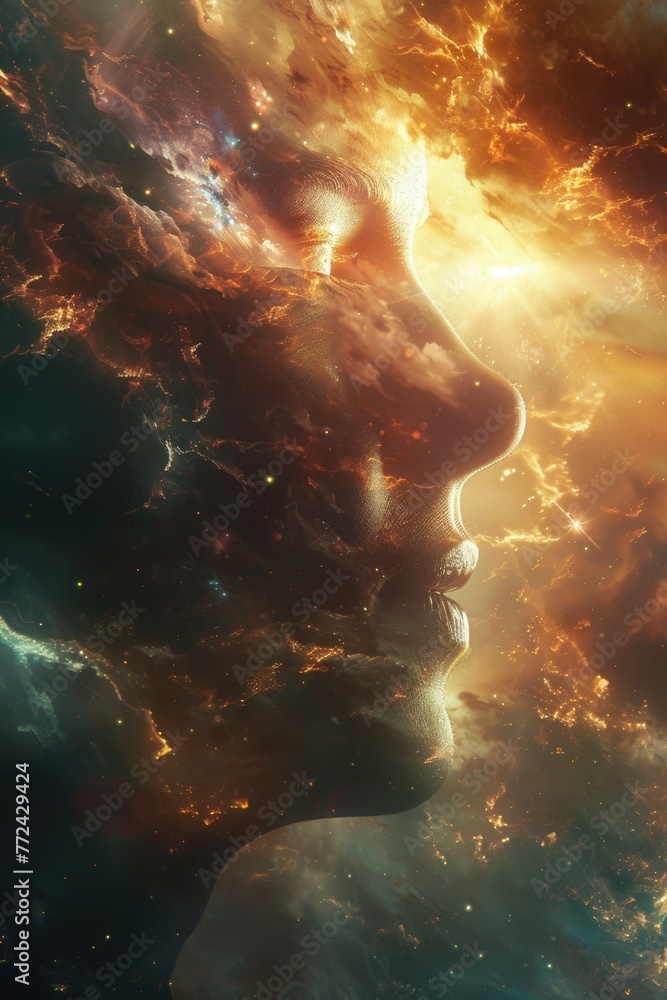 Hyperrealistic scifi mindscape of cosmic selfrealization, bathed in moody, radiant light