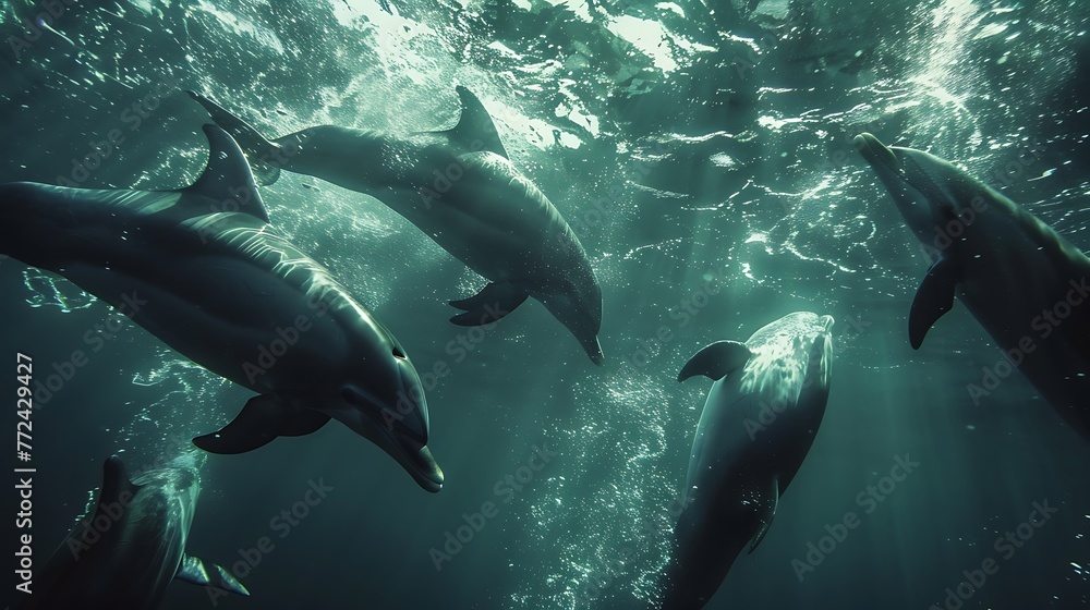 Fototapeta premium Underwater footage of dolphins swimming in the ocean
