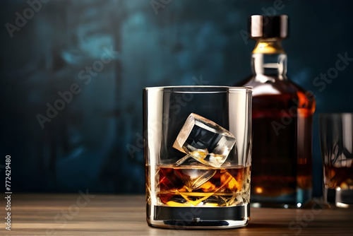 glass of whiskey and cigar  glass, bottle, alcohol, drink, whiskey, beverage, whisky, liquid, brandy, ice, scotch, rum, white, liquor, cognac, isolated, bar, wine, Ai generated 
