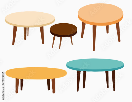 wooden tables in cartoon style. Vector illustration of round and square coffee tables home interiors on white background. 