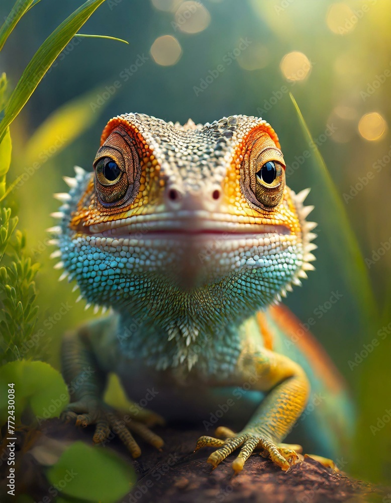 a cute curious happy smiling oriental garden lizard looking at the camera, close up fish eye