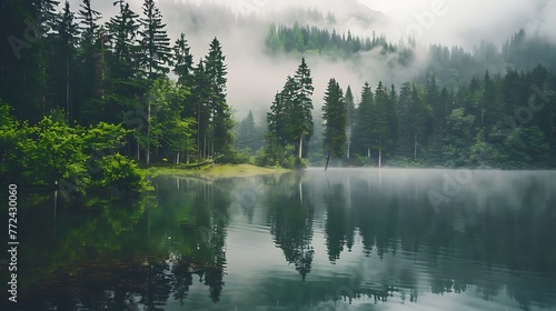 view of a lake and forest in the morning with mist over the forest