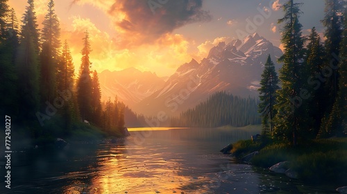 View of a mountain lake between fir trees mountain peaks above the lake lit by sunset rays