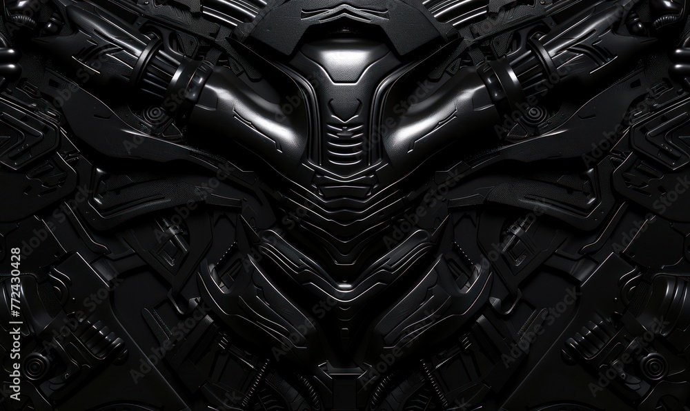 This image presents a symmetrical, detailed view of a futuristic robotic armor with intricate patterns and textures The design conveys a sense of advanced technology and strength This image presents a symmetrical, detailed view of a futuristic robotic armor with intricate patterns and textures The design conveys a sense of advanced technology and strength