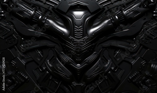 This image presents a symmetrical, detailed view of a futuristic robotic armor with intricate patterns and textures The design conveys a sense of advanced technology and strength