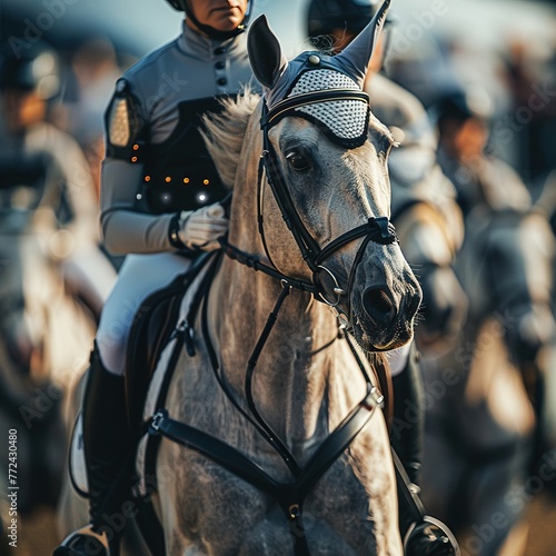 An equestrian event with horses wearing biometric sensors, providing feedback on their performance and health