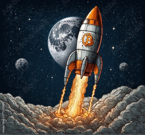 Space rocket with bitcoin on the background of the moon and stars.