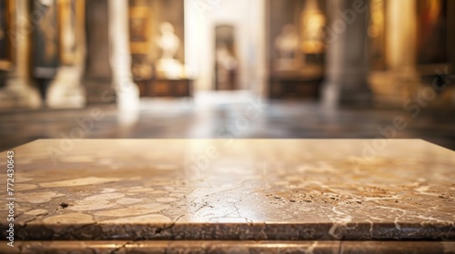 Stone table top with copy space. Museum background