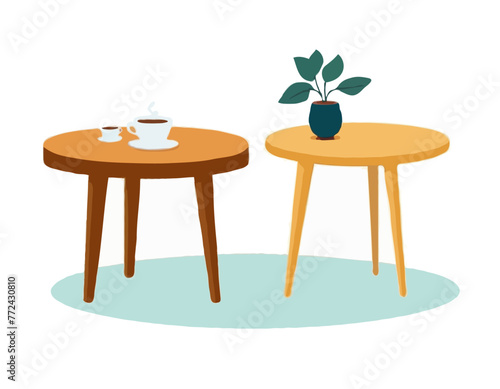 wooden tables in cartoon style. Vector illustration of round and square coffee tables home interiors on white background. 