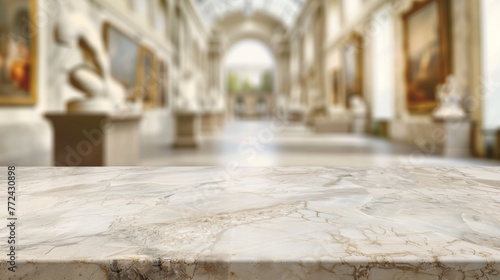 Stone table top with copy space. Museum background