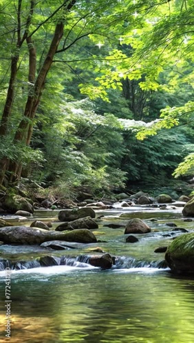 A mountain stream in the forest in early summer. Ambient video. Vertical position for phone.