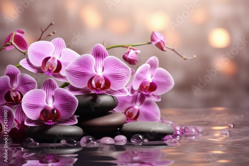 Tranquil Spa orchids stones. Flower nature. Generate Ai