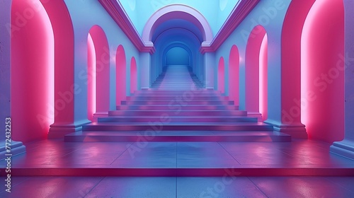 Blue hallway with staircase and arches and pink lighting