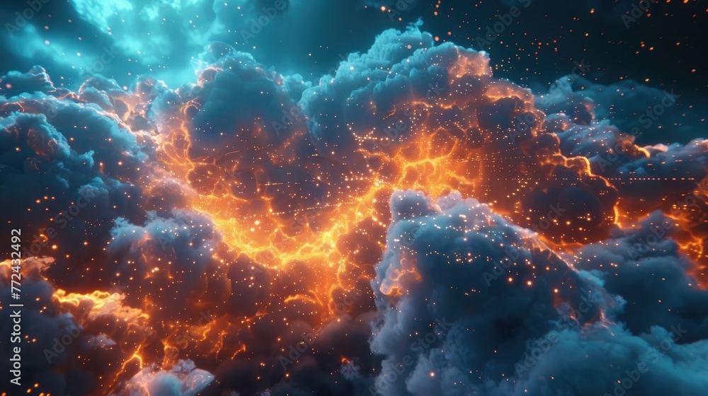Glowing scifi cloud over digital ground, hyperrealistic vibrant particles and moody lighting effects - obrazy, fototapety, plakaty 