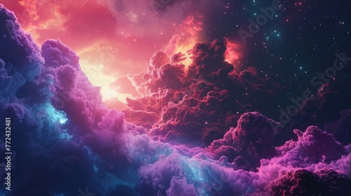 Digital landscape in hyperrealistic detail, under a vibrant scifi cloud, moody lighting with dynamic effects