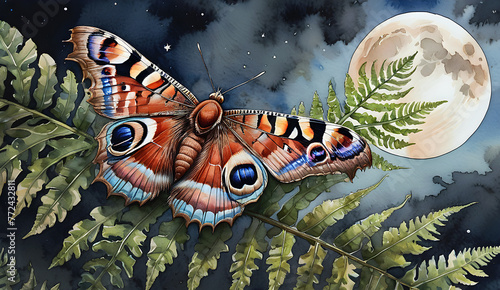 peacock moth on a fern against the background of a starry sky with a full moon