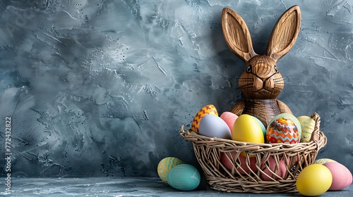 Wooden easter bunny with colorful eggs in a basket on grey table