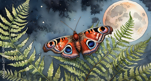 peacock moth on a fern against the background of a starry sky with a full moon