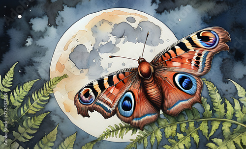 peacock moth on a fern against the background of a starry sky with a full moon