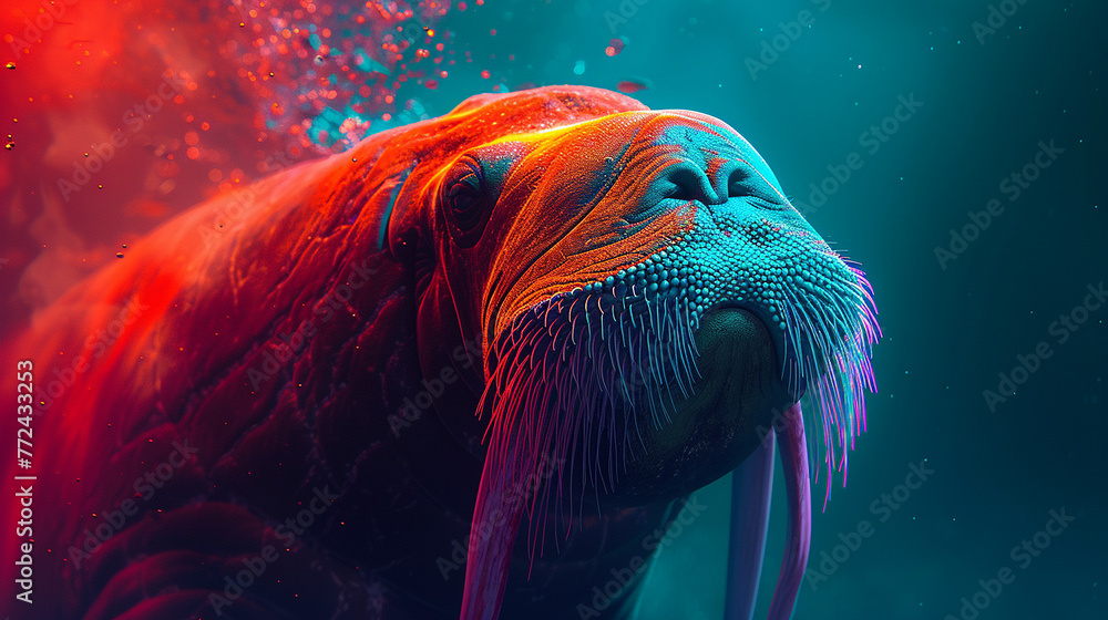 A Big Walrus on dark background neon Colors photo AI Generated - obrazy, fototapety, plakaty 