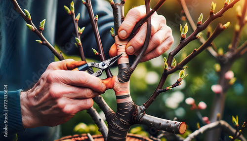 Expert Gardener Performing Fruit Tree Grafting to Combine Varieties