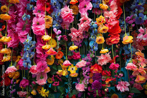 Flowers bursting forth from banners, creating a riot of color and pattern.